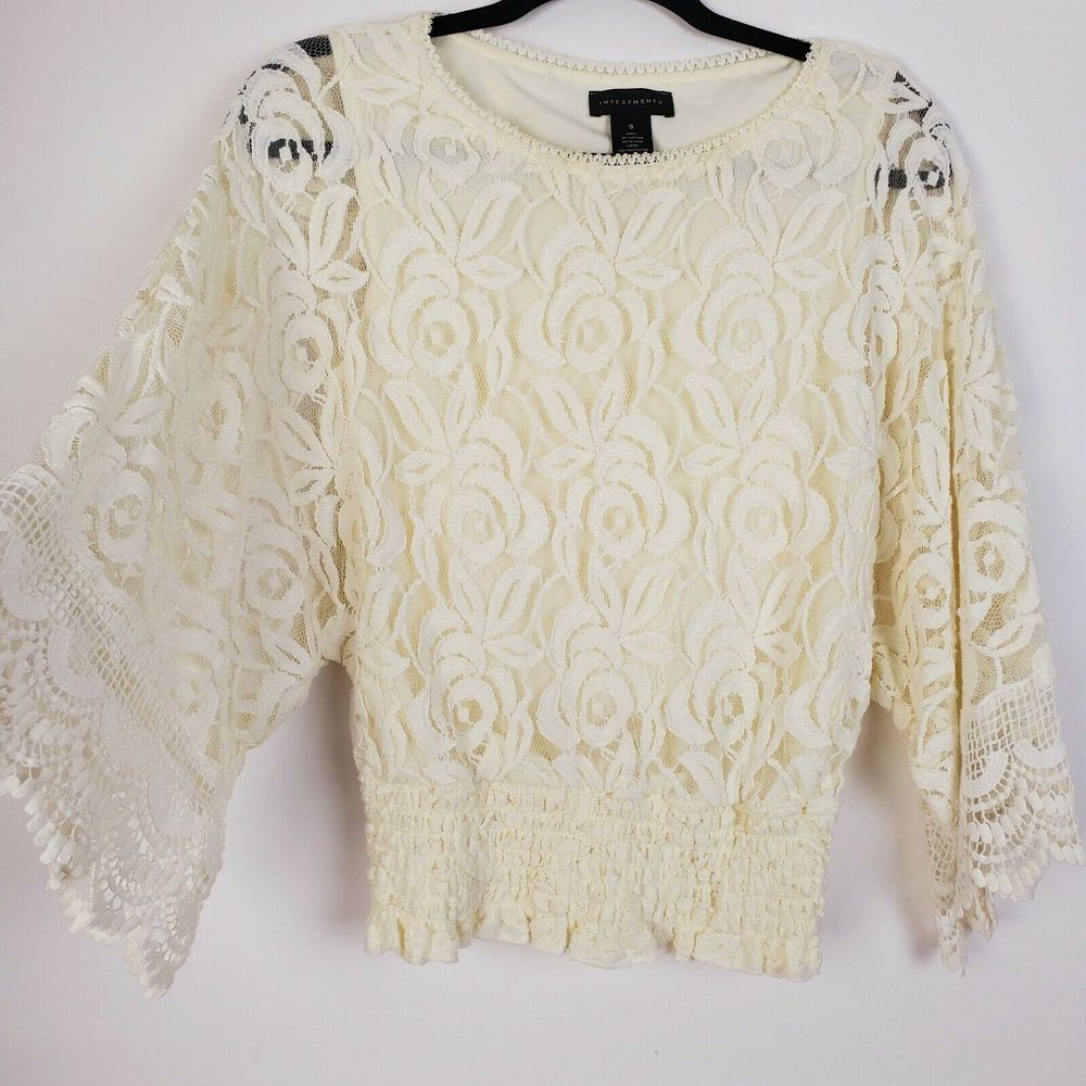 Investments Women's Cream Lace Bell Sleeve Blouse Small Pullover